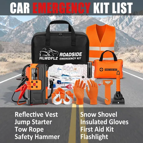 Miniatura 6 de Kit de emergencia en carretera para automóvil, arrancador de salto con compresor de aire, kit de primeros auxilios, cuerda de remolque, kit