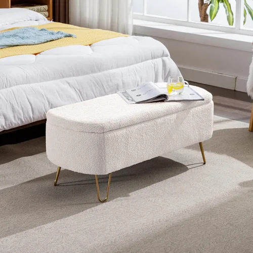 Miniatura 10 de TTK Otomana con almacenamiento para dormitorio, moderno banco otomano de piel sintética con patas de metal dorado, banco de entrada largo de sherpa
