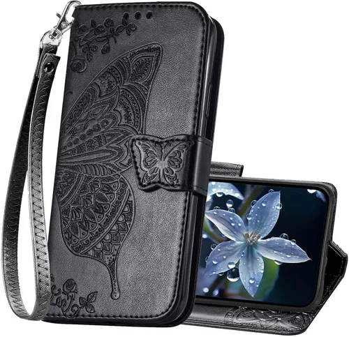 Funda tipo cartera para iPhone 15 Plus/iPhone 14 Plus para mujer, diseño de mariposa en relieve, de piel sintética, soporte para tarjetas con correa