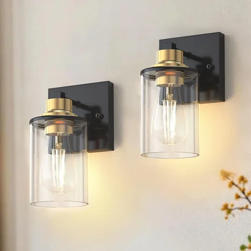Miniatura 55 de DORESshop Lámparas de baño, 3 luces negras y doradas para baño sobre espejo con pantalla de vidrio transparente, luces de tocador para baño, Negro