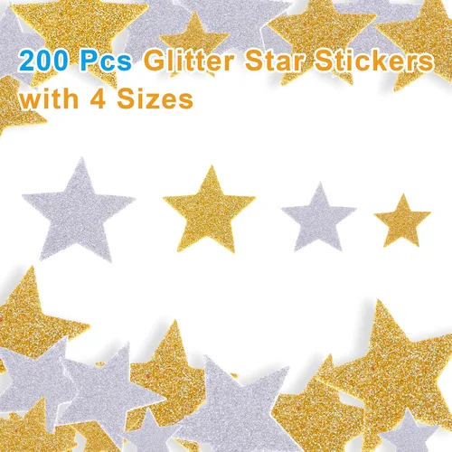 Miniatura 7 de Ouligay 200 calcomanías de estrella de espuma con purpurina dorada y plateada, calcomanías de espuma brillantes autoadhesivas para niños