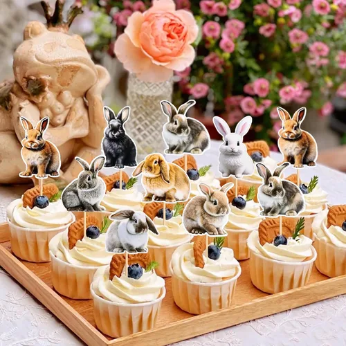 Miniatura 7 de Ercadio Paquete de 32 adornos para cupcakes de conejo, selecciones de cupcakes de animales salvajes, decoraciones de cumpleaños para baby shower