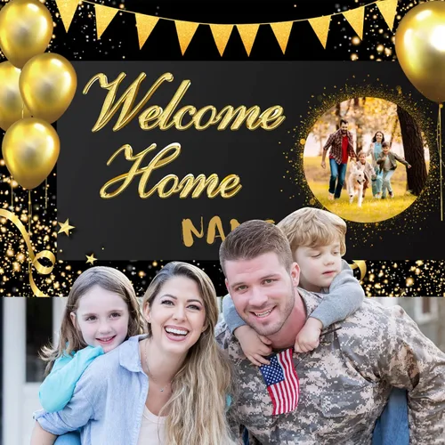Miniatura 7 de Pancarta personalizada de bienvenida a casa, señal de bienvenida a casa en negro y oro para decoración exterior, suministros de fiesta de regreso