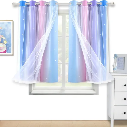 Miniatura 10 de Cortinas opacas con recorte de estrellas y arcoíris para guardería/habitación de niños/niñas, con superposición de tul, 2 paneles, cada una de 52