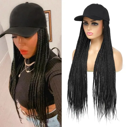 Gorra con peluca para mujeres con gorra de béisbol y cabello trenzado adjunto, peluca de trenzas negras sintéticas, gorra ajustable con trenzas para
