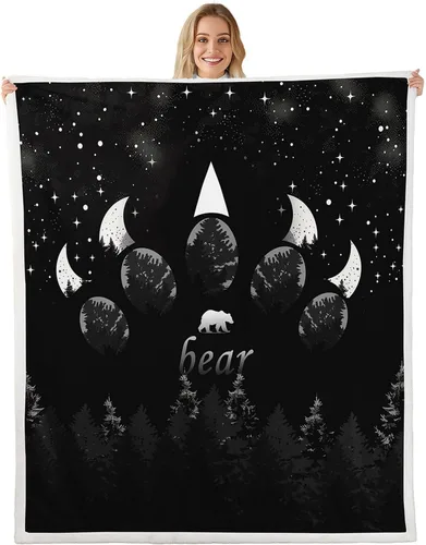 Manfei Manta de oso gris y negro con silueta de árbol para sofá, manta de cama temática de animales salvajes para niños y adolescentes, decoración