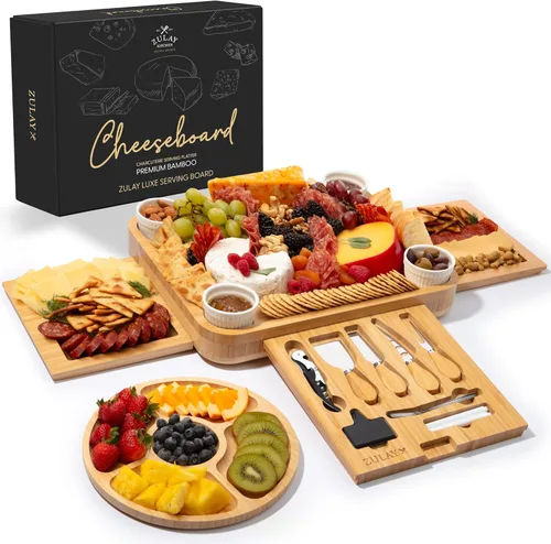 Miniatura 12 de Zulay Kitchen Juego de tablas de queso de bambú de alta calidad, juego de tablas de embutidos de bambú extra gruesas con juego de 4 cuchillos, tabla