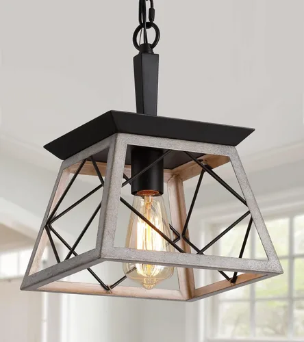 Q&S Lámpara colgante de granja, lámpara colgante vintage, iluminación colgante industrial, hierro forjado, roble y ORB, 1 luz E26 Roble Blanco-1