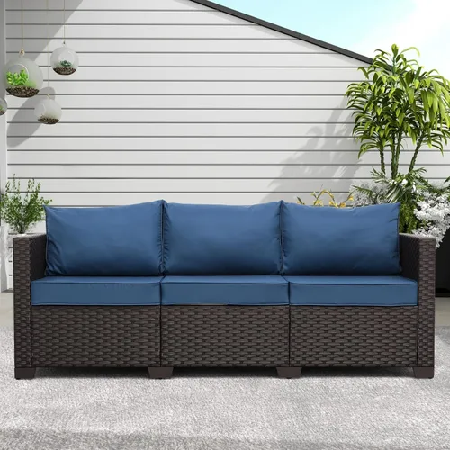 Miniatura 8 de Oasishine Muebles de patio de 3 asientos, sofá de mimbre para exteriores, sofá de exterior, asiento profundo, respaldo alto, cojines Caqui