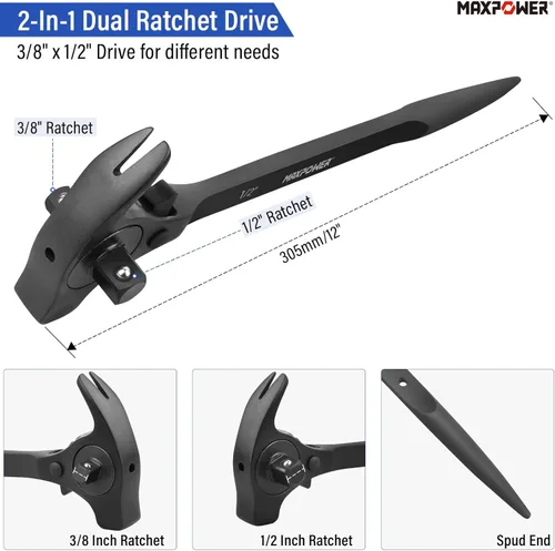 Miniatura 2 de MAXPOWER Llave de carraca de andamaje de 1/2" y 3/8" con trinquete, llave podger con martillo de garra, palanca, barra de palanca y funciones