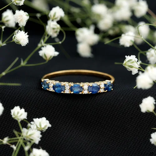 Miniatura 12 de Natural Blue Sapphire Diamond Wedding Band, AAA Quality, Blue Sapphire East West Ring For Women - Ideal For Gift