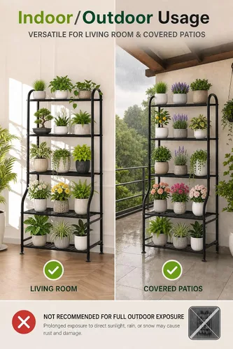 Miniatura 7 de Soporte de metal para plantas de 5 niveles para interiores y exteriores, soporte de flores impermeable para múltiples macetas, soportes resistentes