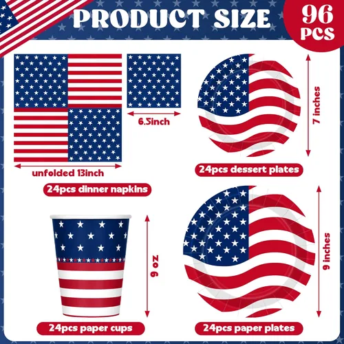 Miniatura 2 de 96 Pcs 4th of July Party Supplies Set, American Flag Patriotic Plates Napkins Cups, Disposable Red White Blue Star and Striped Dinnerware USA Flag