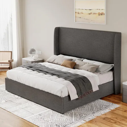 Miniatura 8 de Jocisland - Base de cama tamaño Queen con plataforma de almacenamiento abatible, tapizada en lino, con cabecera abatible moderna/almacenamiento