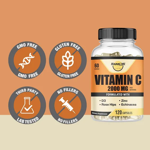 Miniatura 7 de Vitamina C 2000 mg por porción con zinc 40 mg y vitamina D3 5000 UI - Extracto de equinácea y rosa mosqueta - 120 cápsulas veganas, suministro