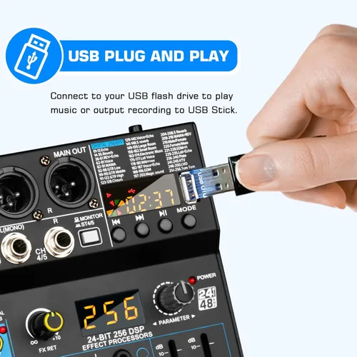 Miniatura 3 de Depusheng Mezclador de audio profesional Digital FX 256-Bit DSP USB Bluetooth MP3 Ordenador DJ Mezclador 5 Canales Interfaz de entrada con 48V