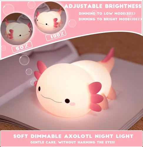 Miniatura 3 de HAPPYBAG Axolotl - Lámpara de noche para niños, bonita lámpara de ajolote de silicona regulable para guardería, lámpara táctil recargable Kawaii