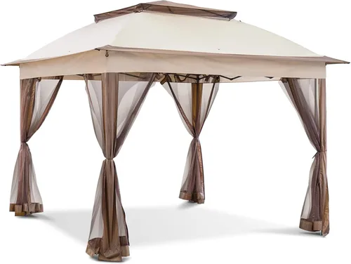 Miniatura 2 de Joyside Cenador desplegable de 11 x 11 pies para patio con paredes laterales y mosquitera, tienda de campaña para exteriores para bodas (beige)