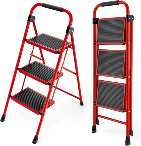 Miniatura 13 de KINGRACK Escalera plegable de 4 escalones, escalera de acero de seguridad resistente de alta resistencia con pasamanos y pedales anchos para Rojo
