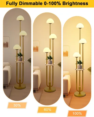 Miniatura 2 de Lámpara de pie regulable dorada con mesa, lámparas de pie modernas con pantallas de hongos para sala de estar, lámpara de pie alta blanca cálida