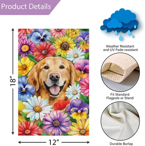 Miniatura 4 de Louise Maelys Bandera de jardín de perro Golden Retriever de bienvenida de 12 x 18 pulgadas, de doble cara, de arpillera, margarita pequeña, diseño