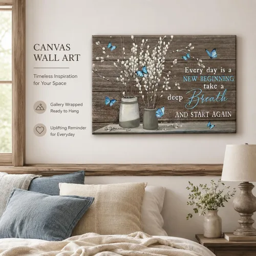 Miniatura 2 de Arte de pared de lienzo para baño estilo granja, vintage, rústico, país, flor, mariposa azul, pintura, imagen, decoración de pared, Cada día es un