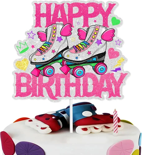 Skate Happy Birthday Cake Topper Wing Roller Skate - Juego temático de cumpleaños para decoración de pasteles para niños o niñas, decoración retro