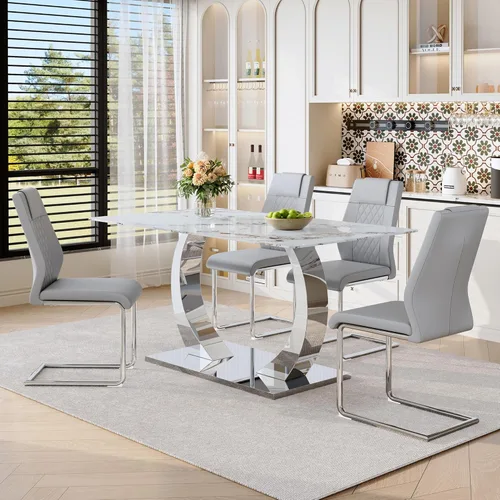 Miniatura 8 de Juego de mesa de comedor MUUOKY para 6, mesa de cocina y sillas para 6, superficie de mesa de piedra sinterizada con 6 sillas de comedor modernas