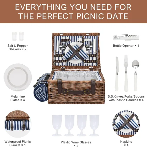 Miniatura 2 de Cesta de picnic para 4 personas – Cestas con hielera y manta de picnic, cesta de picnic clásica de mimbre con alfombrilla de playa impermeable y a