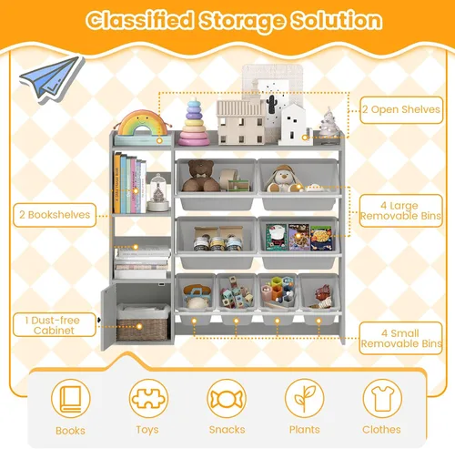 Miniatura 4 de HONEY JOY Organizador de almacenamiento de juguetes para niños, armario de madera de 44 pulgadas de largo con 8 contenedores extraíbles, estantes