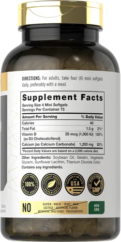 Miniatura 2 de Carlyle Calcio 1200 mg con vitamina D3 300 cápsulas blandas Suplemento sin OMG y sin gluten