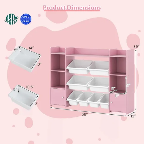 Miniatura 3 de HONEY JOY Organizador de almacenamiento de juguetes para niños, armario de almacenamiento de piso de madera con 8 contenedores extraíbles, estante