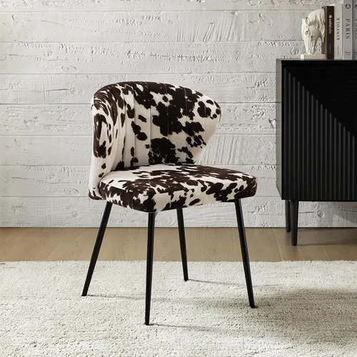 Miniatura 3 de HULALA HOME Silla de comedor moderna sin brazos, piel de vaca con estampado de animales, silla lateral tapizada con patas de metal negro, silla