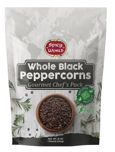 Spicy World Granos de pimienta negra enteros, 1 libra (16 onzas) - Granos de pimienta Tellicherry esterilizados al vapor sin OMG para recambio de
