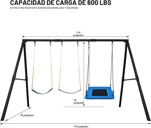 Miniatura 6 de Hapfan Juego de columpios resistentes de 600 libras con 1 columpio de plataforma, 2 columpios de cinturón, un juego de columpios de metal con marco