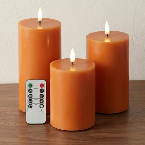 Eywamage Velas de pilar sin llama de otoño naranja con control remoto, velas LED parpadeantes de cera de Acción de Gracias, funciona con pilas,