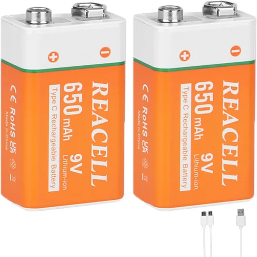 Miniatura 9 de Paquete de 2 baterías de litio recargables de 9 V, baterías de 9 voltios para detector de humo, carga USB de 800 mAh 9 V para micrófonos