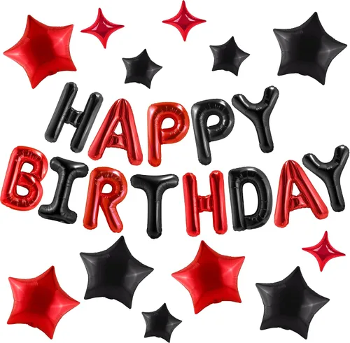 CANREVEL Cartel de feliz cumpleaños, 13 letras de papel de aluminio de Mylar de 16 pulgadas con 12 globos de estrella, decoraciones de fiesta de