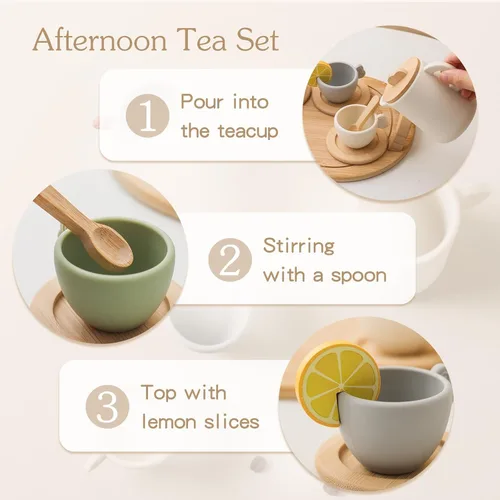 Miniatura 4 de Juego de fiesta de té para niños, juego de té de madera para niñas y niños pequeños, accesorios de cocina de juego para niños, juego de té apto