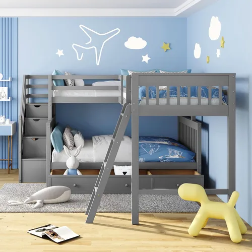 Miniatura 7 de Merax Litera con un loft adjunto, estructura de cama triple con cajones, barandillas y escaleras, plataforma gris, en forma de L, individual sobre