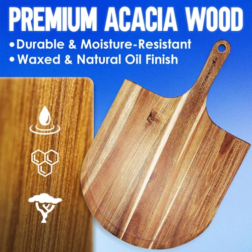 Miniatura 4 de KitchenStar Pela de pizza de madera de acacia de 16 pulgadas – Tabla de cortar y servir de madera extra grande con mango – Acabado de aceite natural