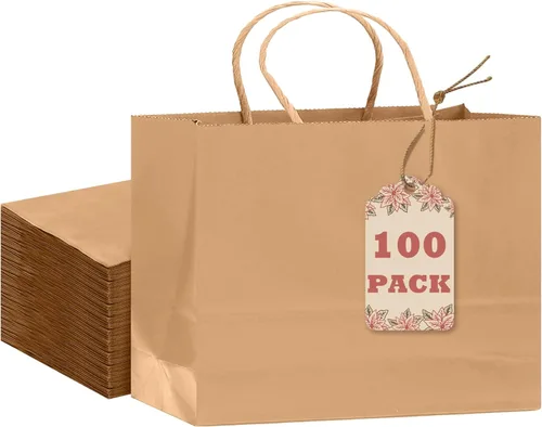Miniatura 14 de qiqee 100 bolsas de regalo de papel de tamaño mediano con asas a granel de 7.6 x 4.75 x 10.5 pulgadas, bolsas de regalo marrones para múltiples usos