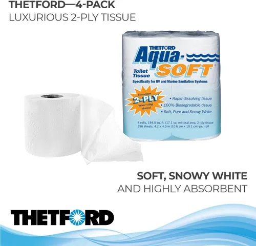 Miniatura 2 de Thetford Aqua-Soft Papel Higiénico - Papel higiénico para vehículos recreativos y marinos - 2 capas - Thetford 03300 (Paquete de 4 rollos), Blanco