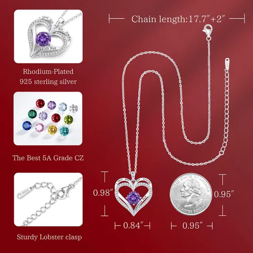 Miniatura 6 de LOUISA SECRET Love Heart Birthstone Necklaces for Women, 925 Sterling Silver Women Pendant Necklace, Mothers Day Birthday Anniversary Jewelry Gift