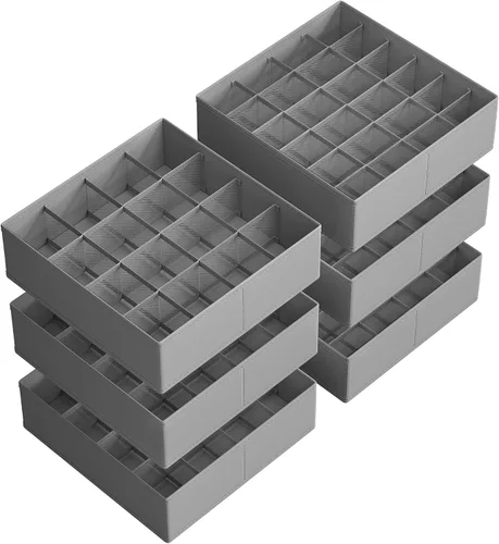 SONGMICS Paquete de 6 organizadores de cajones, 120 celdas (3 x 16 + 3 x 24), separadores plegables, 11.8 x 11.8 x 3.9 pulgadas, para calcetines,