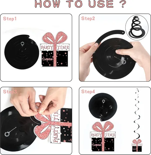 Miniatura 7 de MOORAY 36 piezas de decoración de cumpleaños negro dorado 21 espirales colgantes para hombres y mujeres, suministros de fiesta de feliz cumpleaños