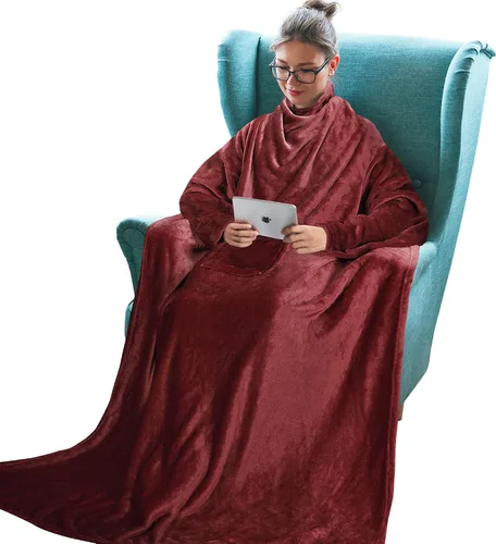 Miniatura 22 de Tirrinia Manta de Forro Polar Vestible con Capucha y Mangas para Adultos Mujeres y Hombres, Súper Suave Cómoda de Felpa Funcional Manta de TV Throw