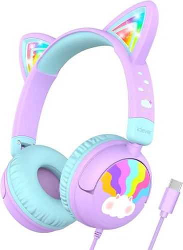 Miniatura 9 de iClever - Auriculares infantiles con diseño de oreja de gato, luz LED, volumen seguro de 85 dBA, auriculares estéreo para niños para viajes