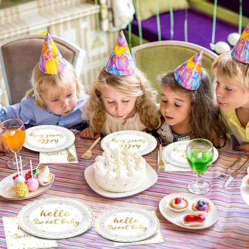 Miniatura 7 de ZOIIWA 96 piezas de platos y servilletas para fiesta "Hello Sweet Baby" - Decoraciones de baby shower blancas y doradas, juego de vajilla desechable