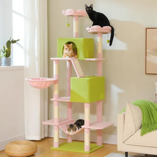 Miniatura 10 de MUTTROS Árbol para gatos con flores con postes rascadores de sisal, linda torre para gatos de 35" con hamaca verde grande para gatos pequeños
